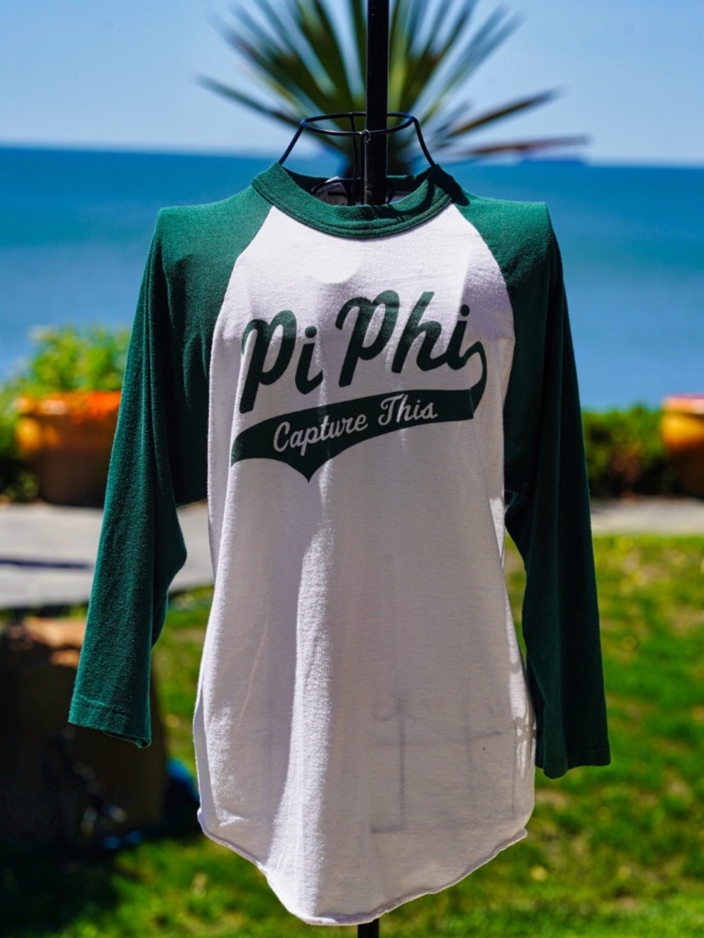 Vintage 2002 Pi Phi "Capture This" Baseball Tee – William & Mary, Green/White, S